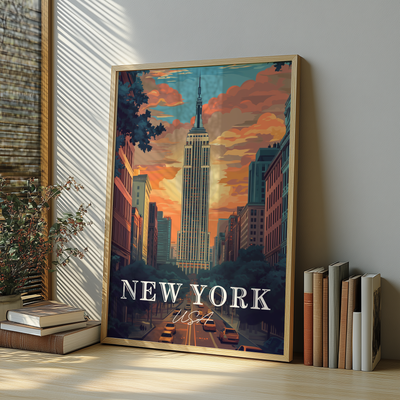 New York, USA - Retro Sunset Skyline - Travel Destinations Poster