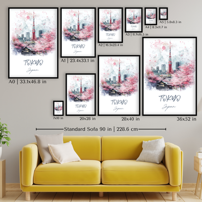 Tokyo, Japan - Watercolor Skyline with Cherry Blossoms - Travel Destinations Poster