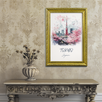 Tokyo, Japan - Watercolor Skyline with Cherry Blossoms - Travel Destinations Poster