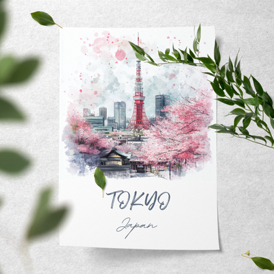 Tokyo, Japan - Watercolor Skyline with Cherry Blossoms - Travel Destinations Poster