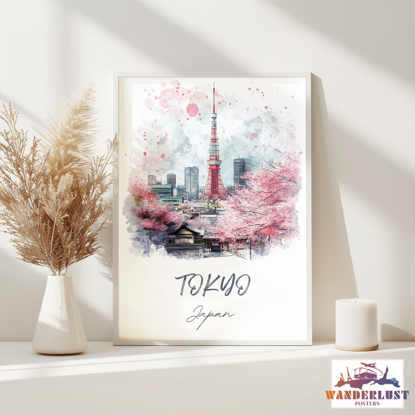 Tokyo, Japan - Watercolor Skyline with Cherry Blossoms - Travel Poster