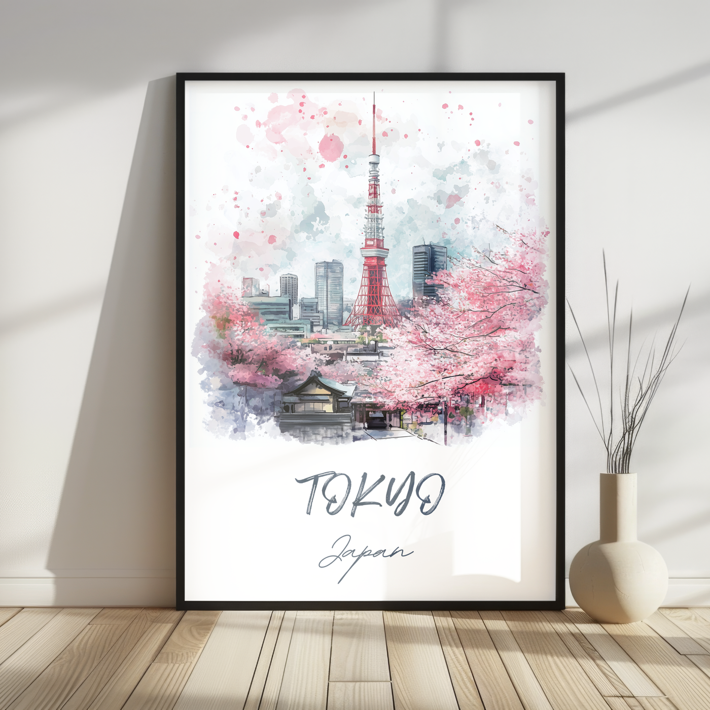 Tokyo, Japan - Watercolor Skyline with Cherry Blossoms - Travel Destinations Poster