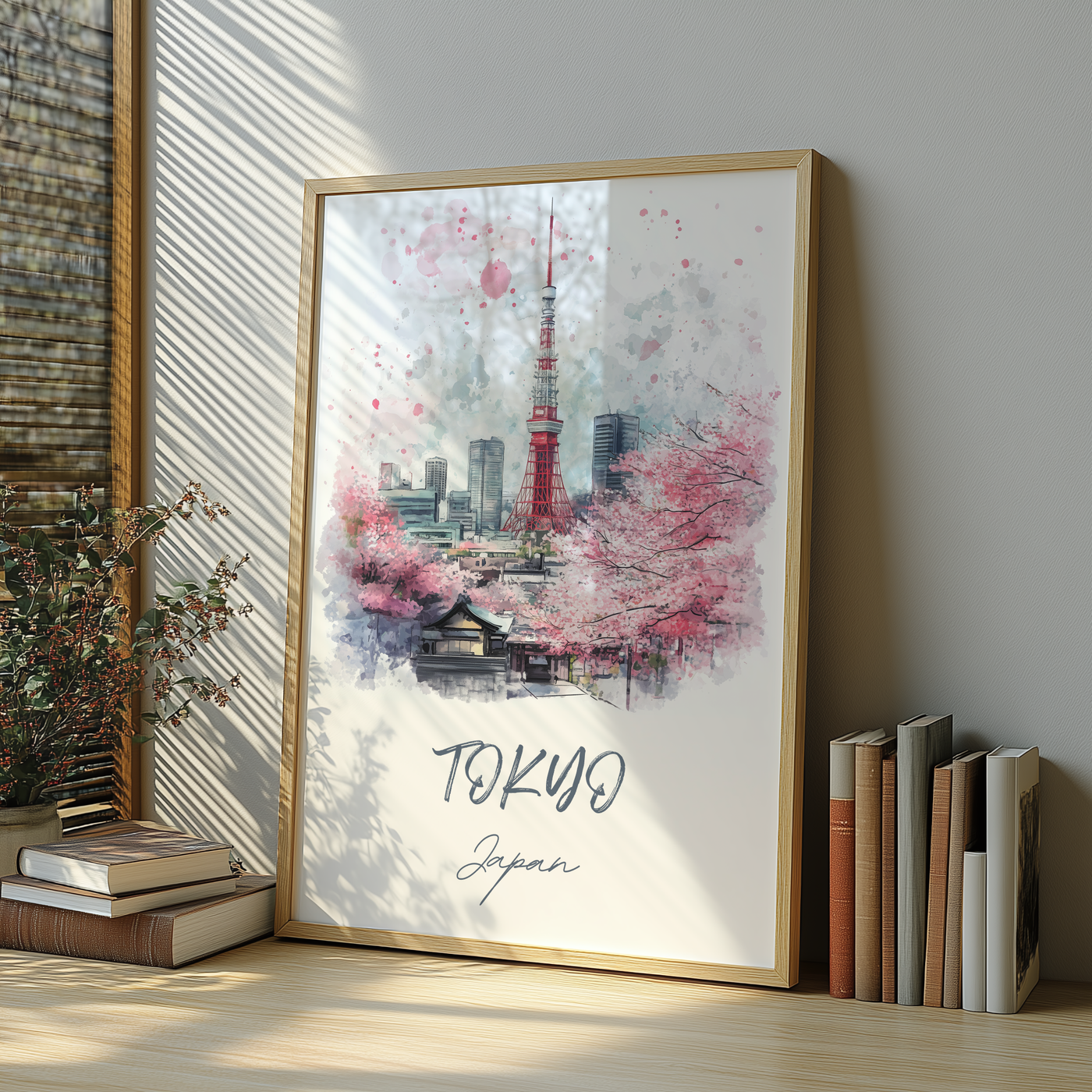 Tokyo, Japan - Watercolor Skyline with Cherry Blossoms - Travel Destinations Poster