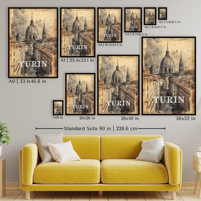 Turin, Italy - Vintage Skyline Art - Travel Destinations Poster