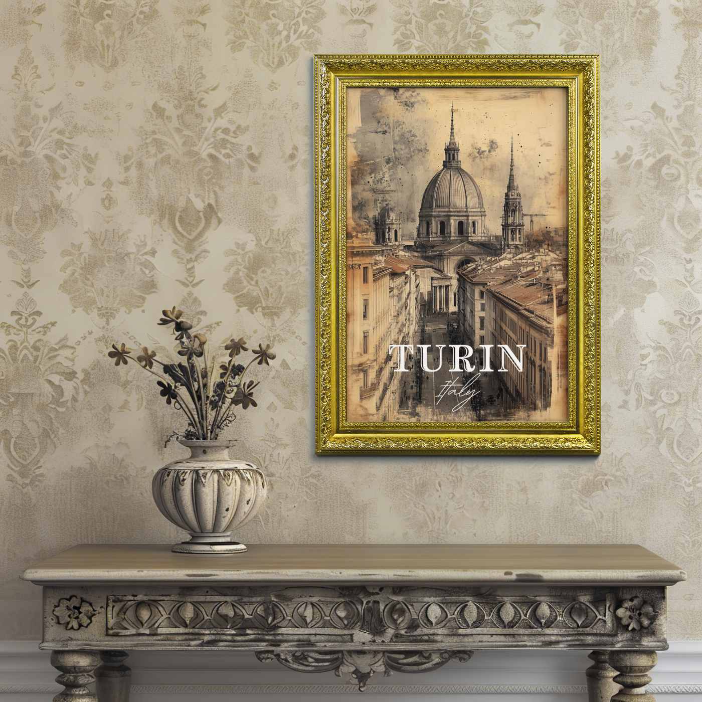 Turin, Italy - Vintage Skyline Art - Travel Destinations Poster