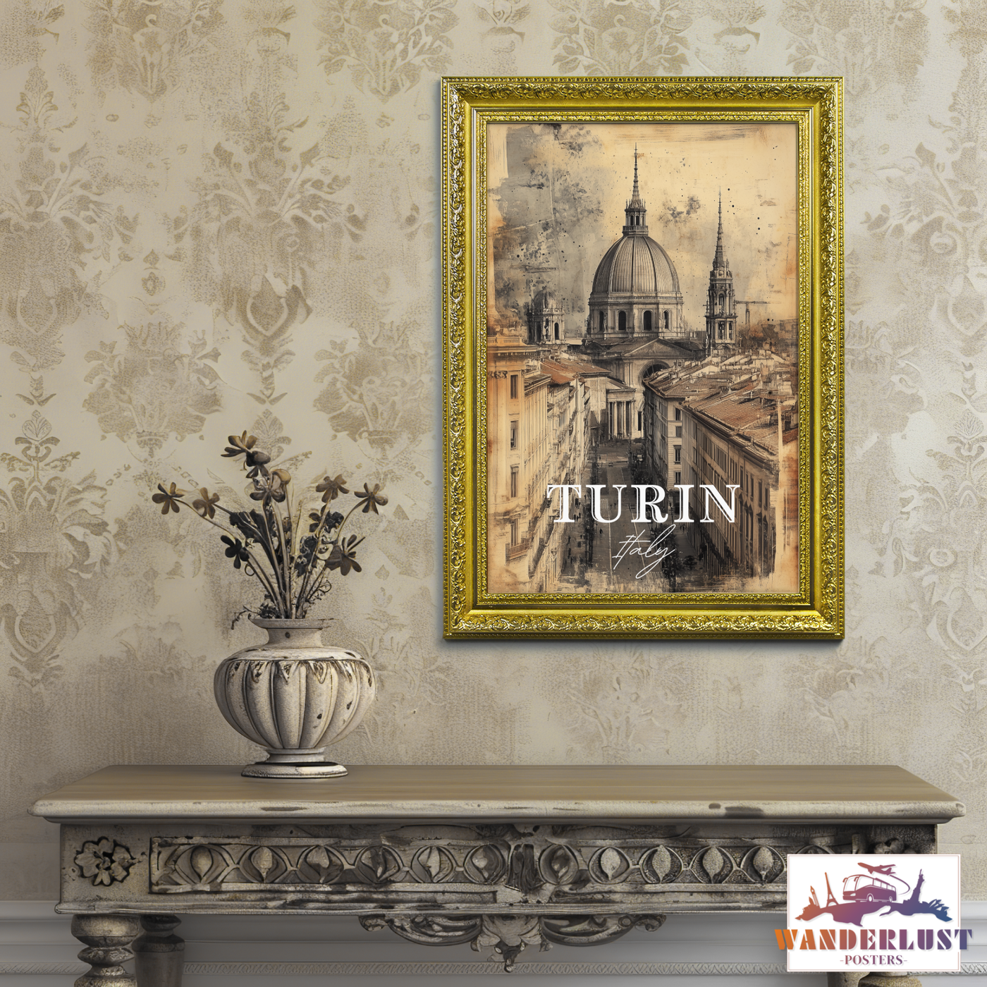 Turin, Italy - Vintage Skyline Art - Travel Poster