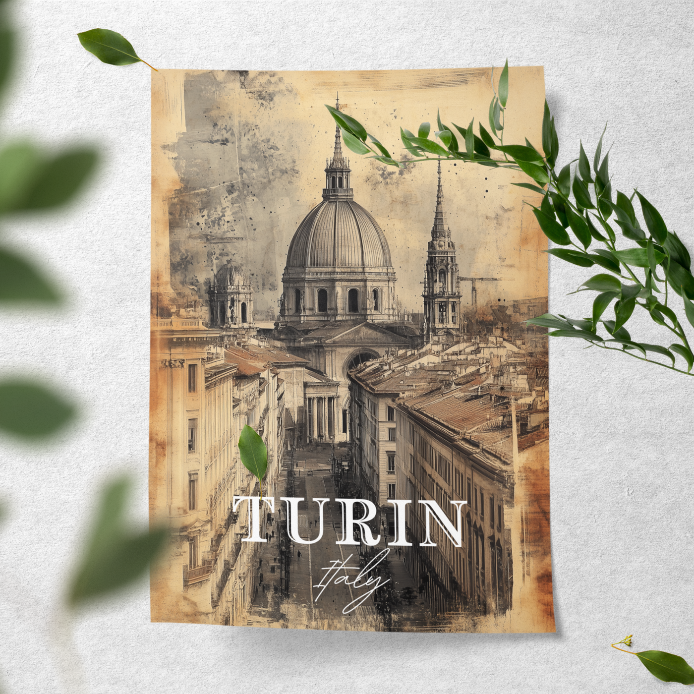 Turin, Italy - Vintage Skyline Art - Travel Destinations Poster