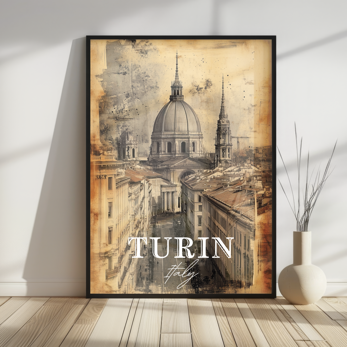 Turin, Italy - Vintage Skyline Art - Travel Destinations Poster