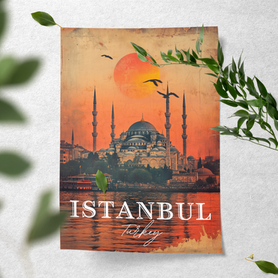 Istanbul, Turkey - Vintage Sunset Skyline - Travel Destinations Poster