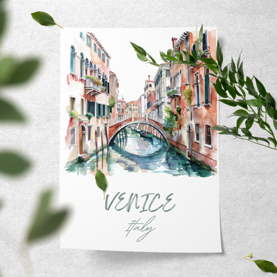 Venice, Italy - Watercolor Canal Scene - Travel Destinations Poster