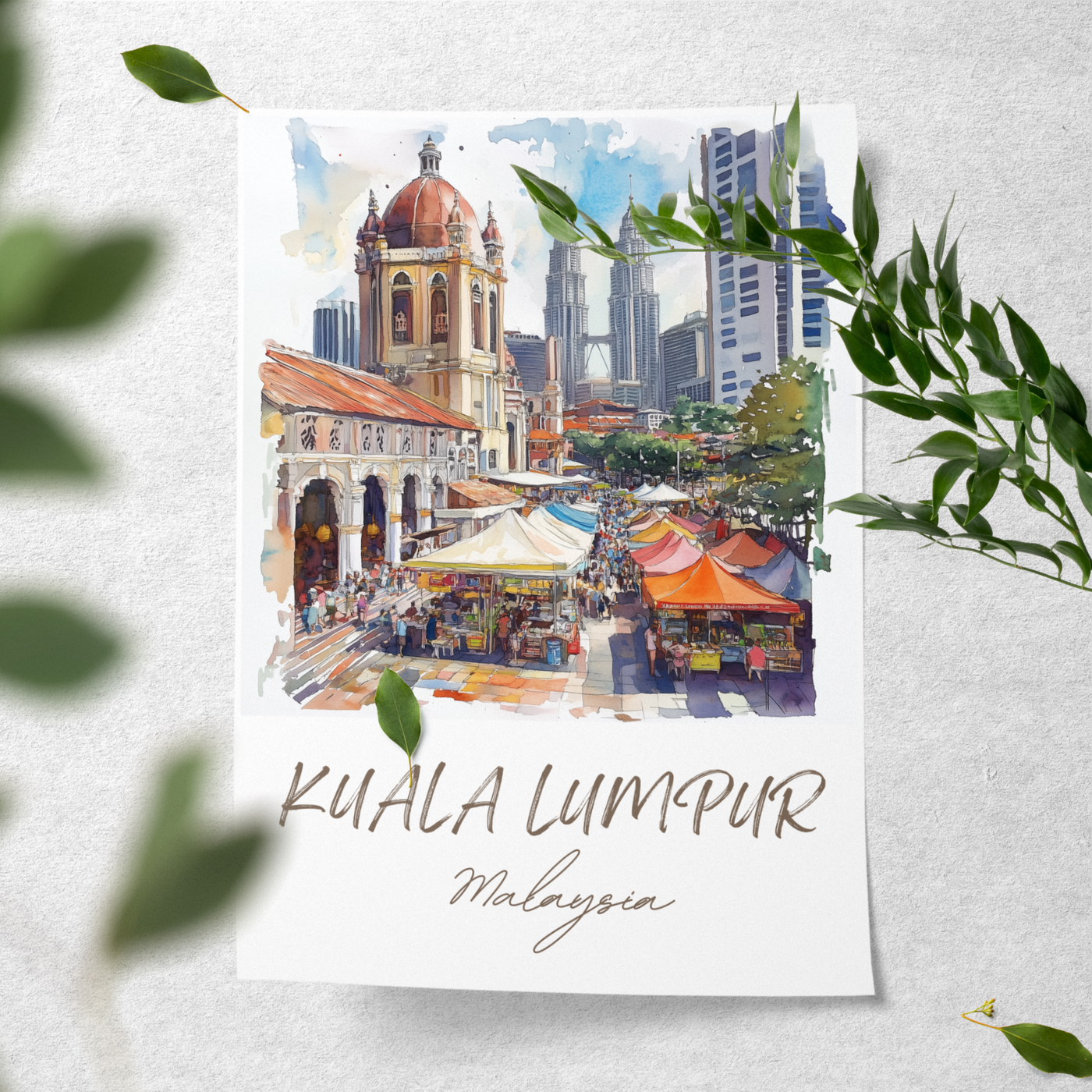 Kuala Lumpur, Malaysia - Watercolor Cityscape - Travel Destinations Poster